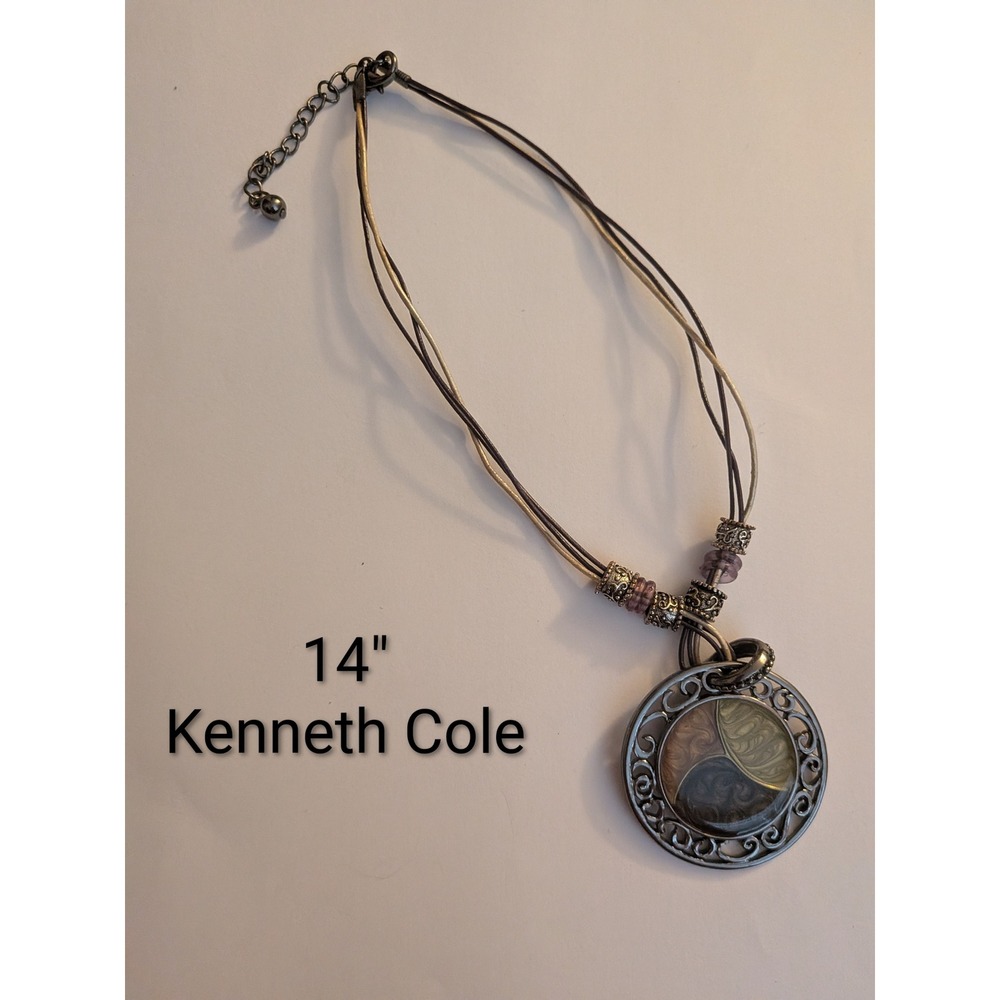 Kenneth‎ Cole Multi Strand Cord Pendant Necklace Silver Tone Marbled Resin 14"
